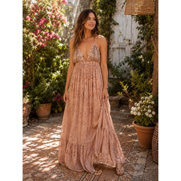 Free People Dresses & Skirts - 422. Free People Boho Floral Sequin Embellished Maxi Dress Pink Boho Open Back